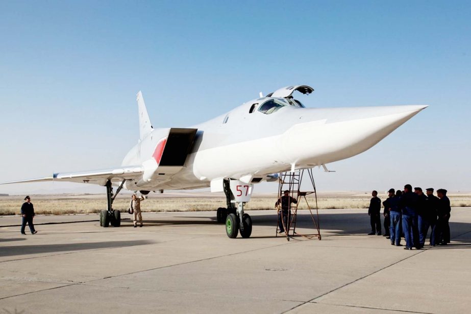 A Russian Tu-22M3 bomber stands on the tarmac at an air base near Hamedan, Iran. Russian warplanes took off on Tuesday from Iran to target Islamic State fighters and other militants in Syria, widening Moscow's bombing campaign in Syria.