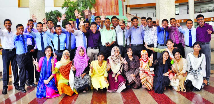 Students of different cadet colleges rejoicing at the Kurmitola Golf Club in the city on Thursday after hearing the result of the HSC examination. ISPR Photo