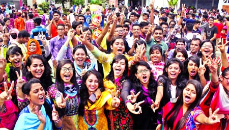 Students of Rajuk School and College in Uttara rejoicing over their brilliant success after publication of HSC results on Thursday.