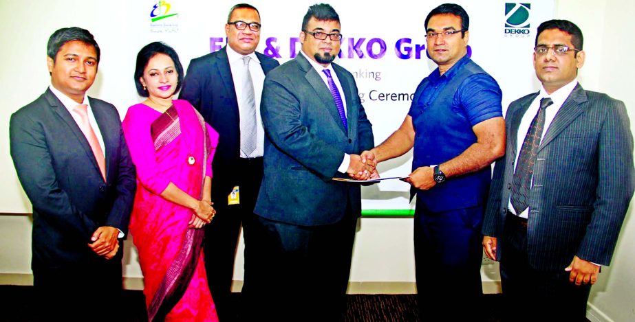 Eastern Bank Limited (EBL) signs a deal with DEKKO Group on Payroll Banking in the city recently. Nazeem A. Choudhury, Head of Consumer Banking of EBL and. Mostafa Iqbal, Chief Human Resource Officer of DEKKO Group are seen exchanging documents after sign
