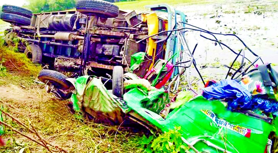 A truck was overturned after hitting a CNG run auto-rickshaw leave 5 people killed at Muradnagar in Comilla. This photo was taken from Iliotgonj bridge on Saturday.