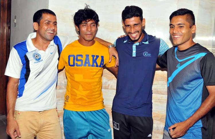Players of Bangladesh National Football team come at the BFF House to report to Head Coach of Bangladesh National Football team Tom Saintfiet on Sunday.