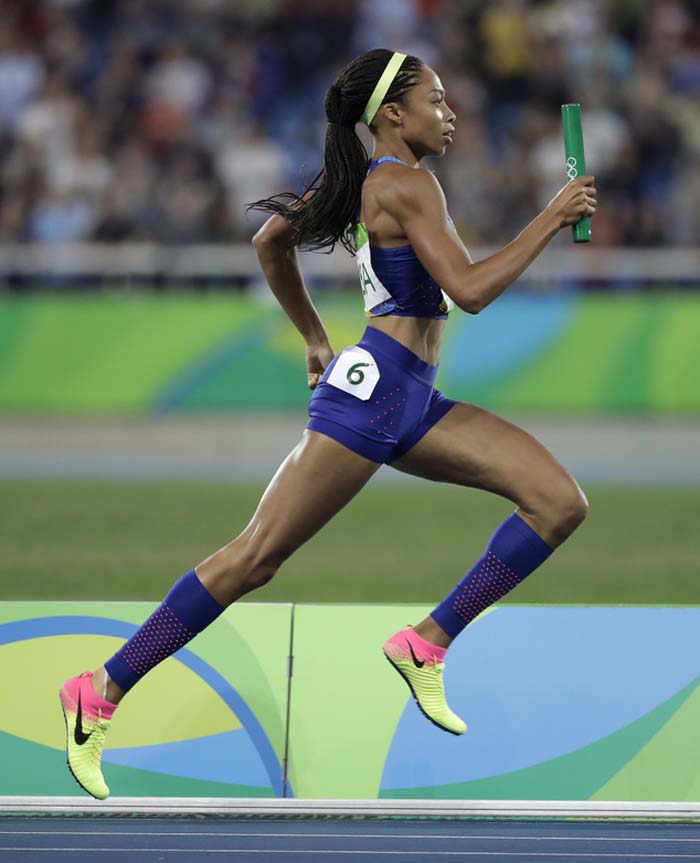 United States' Allyson Felix runs the final leg of the women's 4x400 meter relay during athletics competitions at the Summer Olympics inside Olympic stadium in Rio de Janeiro, Brazil on Saturday.