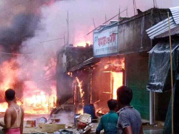 A fire gutted 37 shops, two residential hotels and five dwelling houses in Bandarban on Saturday.
