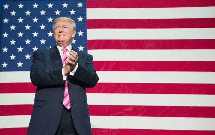 Republican presidential candidate Donald Trump addressing a poll campaign in Akron, Ohio.