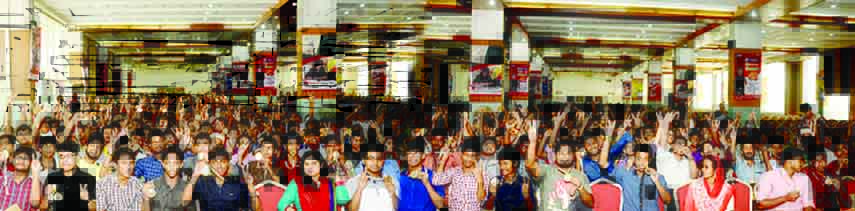 Students of the city's Cambrian College rejoicing for their brilliant results in HSC examination at a reception accorded to them organised by BSB-Cambrian Education Group at Police Convention Hall in the city's Mirpur on Tuesday.