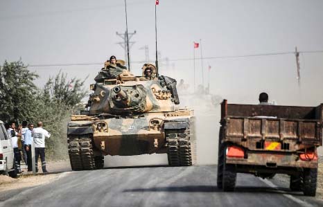 A Turkish tank heads towards the Syria border as Turkey launched operation "Euphrates Shield"" aimed at ridding the area of Islamic State (IS) extremists."