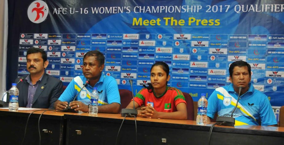 Coach of Bangladesh National Women's Under-16 Football team Golam Rabbani Chhoton (2nd from left) speaking at a press conference at the conference room of Bangladesh Football Federation House on Friday.