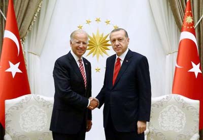 Turkish President Tayyip Erdogan meets with U.S. Vice President Joe Biden at the Presidential Palace in Ankara, Turkey.