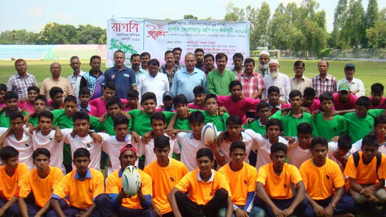 The participants of the rugby under-16 players' training programme pose for a photo session at Shah Abdul Hamid Stadium in Gaibandha on Saturday