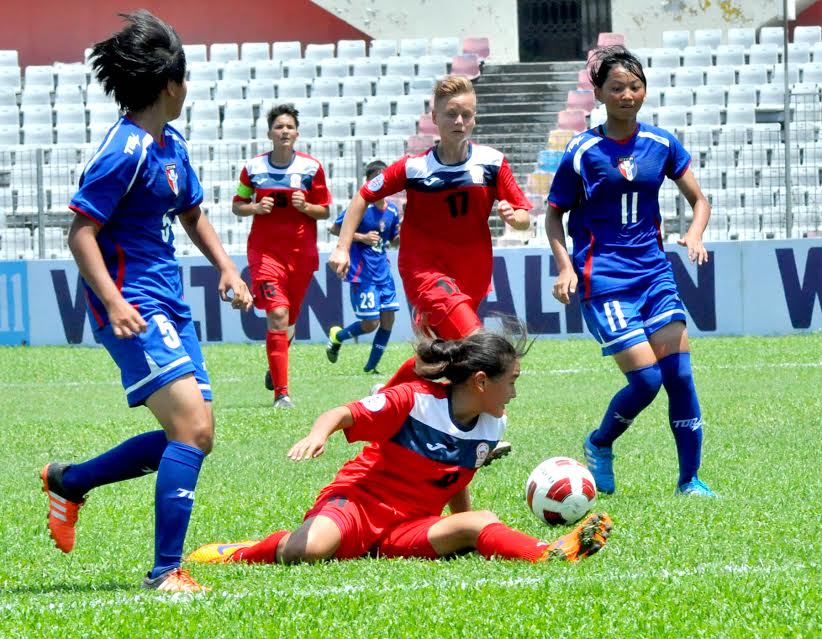 A moment of the match of the AFC Under-16 Women's Championship between Chinese Taipei National Women's Under-16 Football team and Kyrgyzstan National Women's Under-16 Football team at the Bangabandhu National Stadium on Saturday.