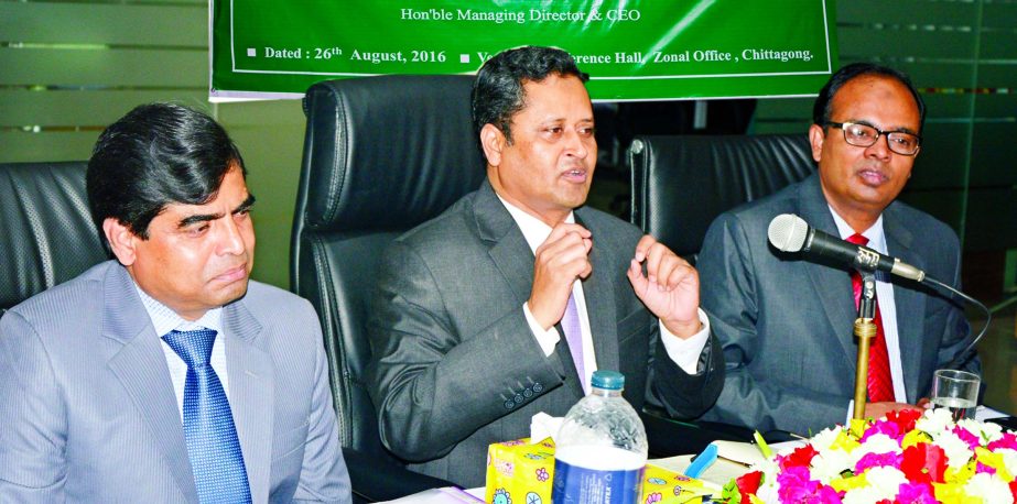 Mohammed Rabiul Hossain, Managing Director and CEO of Uttara Bank addressing in the Branch Managers' Conference-2016 (Chittagong Area) held in Chittagong recently. General Manager and Zonal Head (Chittagong) Md. Qudrat-E-Hayat Khan and Deputy General Man