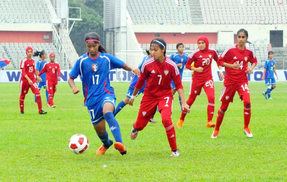 A moment of AFC U-16 Women's Championship 2017 Qualifiers between Chinese Taipei and United Arab Emirates at Bangabandhu National Stadium on Monday.