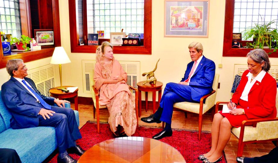 BNP Chairperson Begum Khaleda Zia meets US Secretary of State John Kerry at the US Embassy in Dhaka on Monday.