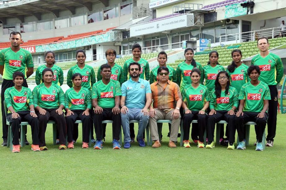 Members of Bangladesh National Women's Cricket team pose for photograph at the Sher-e-Bangla National Cricket Stadium in Mirpur on Tuesday.