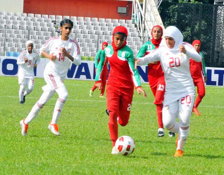 A moment of the match of the AFC Under-16 Women's Championship Qualifiers between Iran National Women's Under-16 Football team and United Arab Emirates National Women's Under-16 Football team at the Bangabandhu National Stadium on Wednesday.