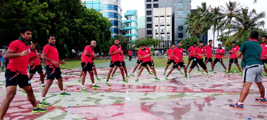 Members of Bangladesh National Football team during their practice session at Male, the capital city of Maldives on Wednesday.