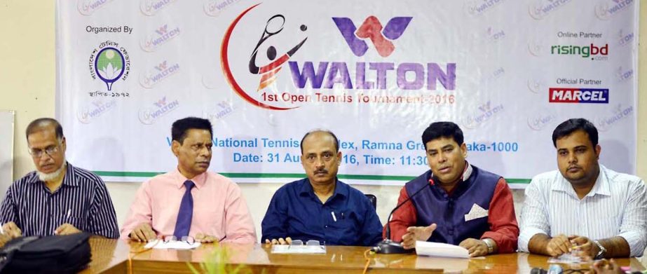 Head of Sports & Welfare Department of Walton Group FM Iqbal Bin Anwar Dawn speaking at a press conference at the conference room of National Tennis Complex in Ramna on Wednesday.