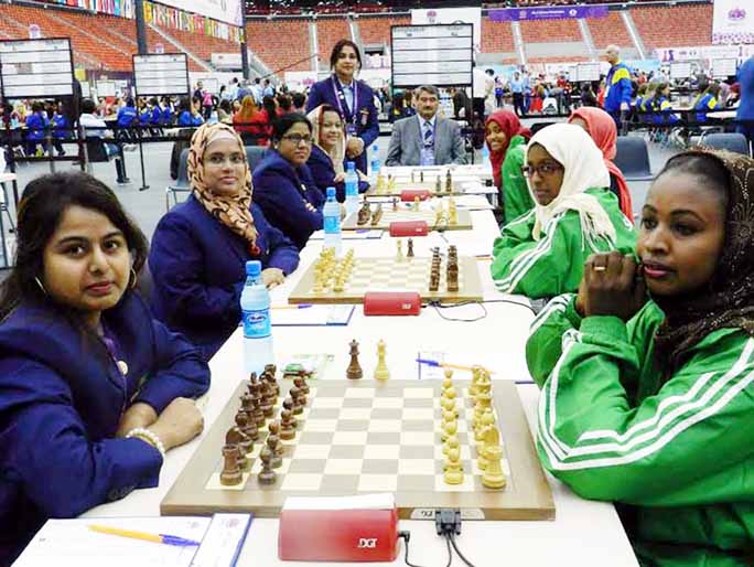 Bangladesh Women's Chess team (left) playing against Sudan Women's Chess team in the Women's Section of the 42nd World Chess Olympiad at Baku in Azerbaijan on Friday.