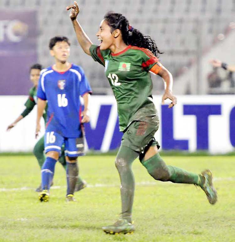 Captain of Bangladesh National Women's Under-16 Football team Krishna Rani celebrating after scoring a goal against Chinese Taipei National Women's Under-16 Football team in their AFC Under-16 Championship Qualifiers at the flood-lit Bangabandhu Nationa