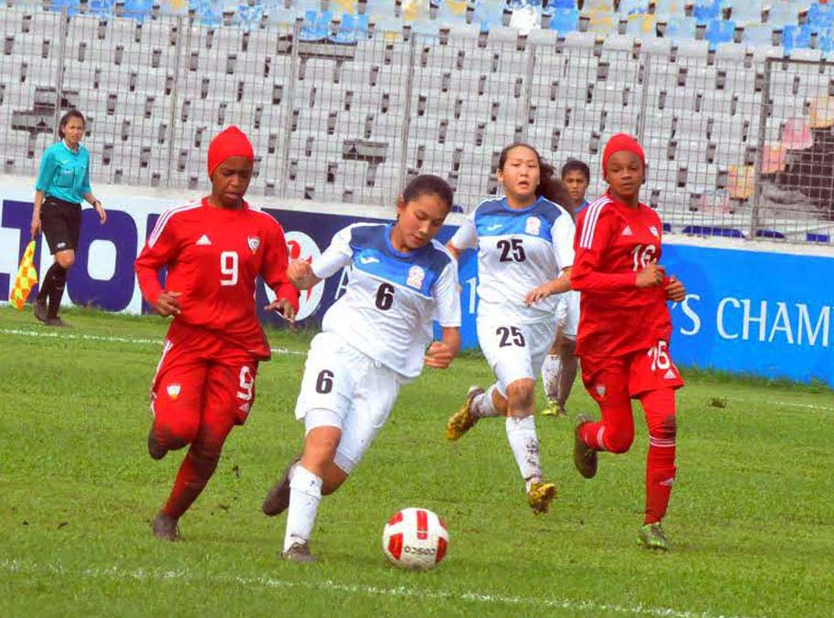 A scene from the match of the AFC Under-16 Women's Championship Qualifiers between United Arab Emirates National Women's Under-16 Football team and Kyrgyzstan National Women's Under-16 Football team at the Bangabandhu National Stadium on Saturday.