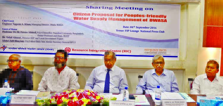 Managing Director of Dhaka WASA Engr Taqsem A Khan along with other distinguished guests at an opinion sharing meeting on 'Proposal of Citizens to Make Water Supply Management More People-friendly' at the Jatiya Press Club on Sunday.