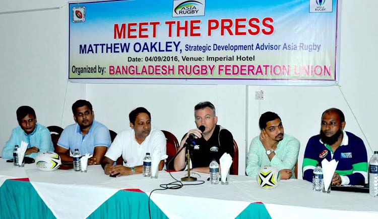 Strategic Development Advisor of Asian Rugby Matthew Oakley speaking at a press conference at the Imperial Hotel in the city on Sunday.