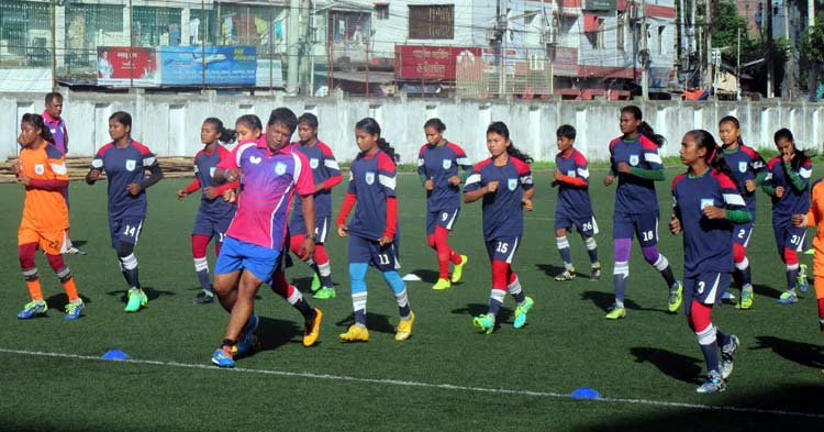 Members of Bangladesh National Women's Under-16 Football team during their practice session at the BFF Artificial Turf on Sunday.