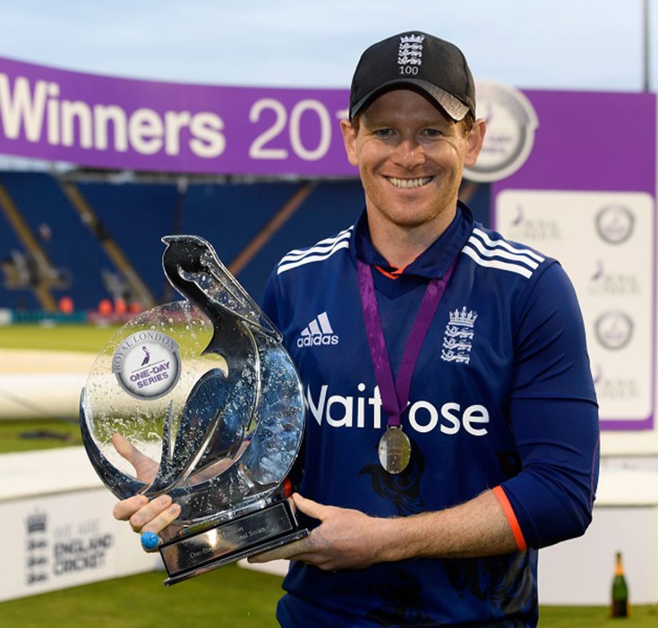 England captain Eoin Morgan with the series trophy after their 4-1 victory after the 5th One Day International between England and Pakistan at Swalec Stadium in Cardiff, Wales on Sunday.