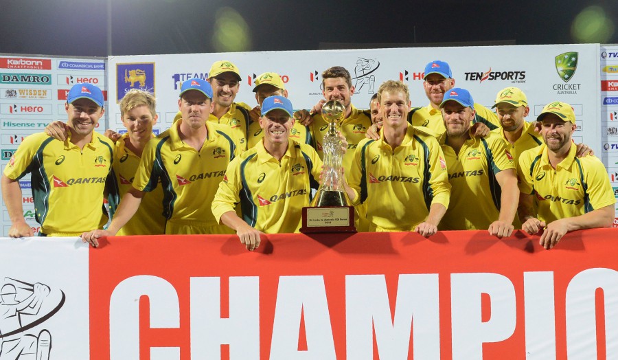 The Australia players celebrate their series win against Sri Lanka in 5th ODI at Pallekele on Sunday.