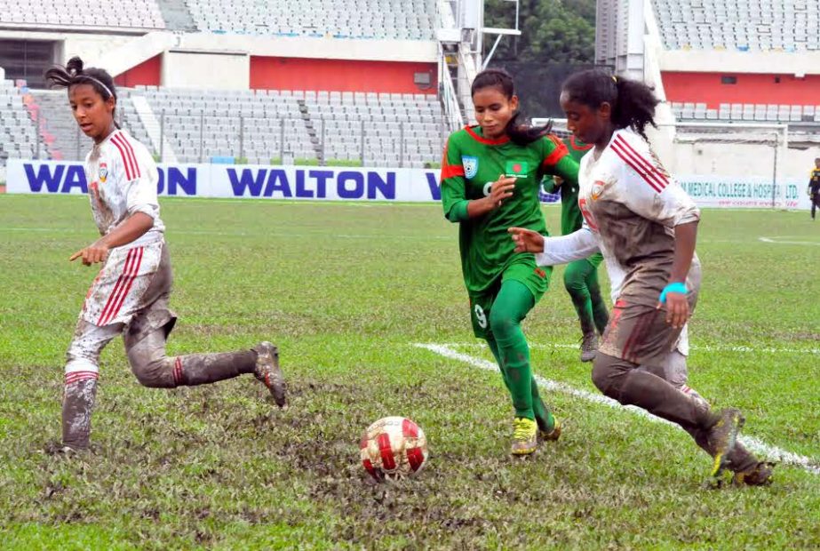 A moment of the AFC U-16 Women's Championship Qualifiers match between Bangladesh and United Arab Emirates at the Bangabandhu National Stadium on Monday. Bangladesh won the match 4-0.