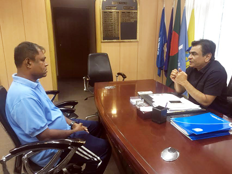 President of Bangladesh Football Federation (BFF) Kazi Md Salahuddin personally congratulates Head Coach of Bangladesh National Women's Football team Golam Rabbani Choton for his success with Bangladesh National Women's Under-16 Football team at the AFC