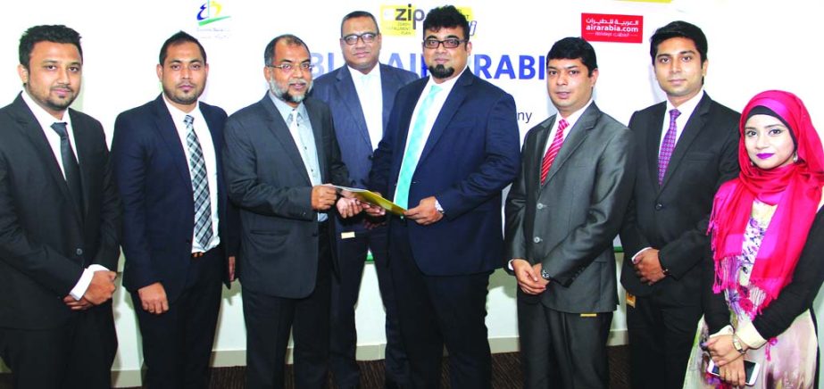 M. Nazeem A. Choudhury, Head of Consumer Banking of EBL and Md. Abdur Rahim, Director and COO, One World Aviation Limited, GSA of Air Arabia exchanging documents after signing a Zero percent Installment Plan (ZIP) agreement in the city recently. Under the