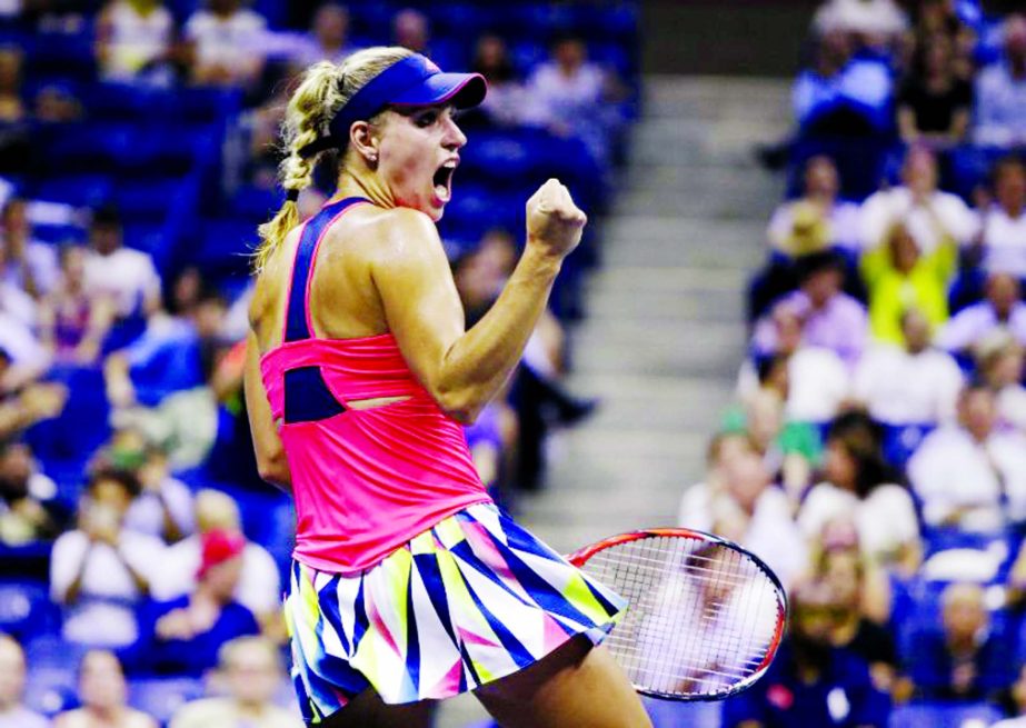 Angelique Kerber of Germany reacts after defeating Caroline Wozniacki of Denmark during the semifinals of the U.S. Open tennis tournament in New York on Thursday.