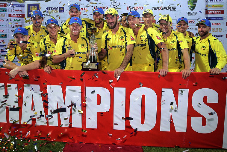 Australia's players pose after winning the final T20 international cricket match between Sri Lanka and Australia at the R Premadasa Cricket Stadium in Colombo on Friday.