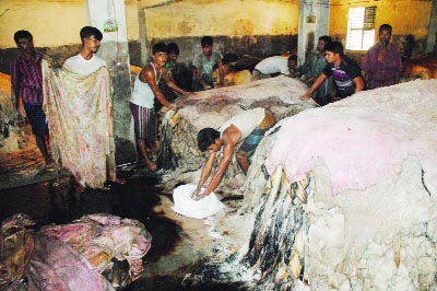 BOGRA: Labourers are busy in processing raw hides of sacrificial animals at a godown in Chaksutrapur area in the city. This picture was taken on Wednesday.