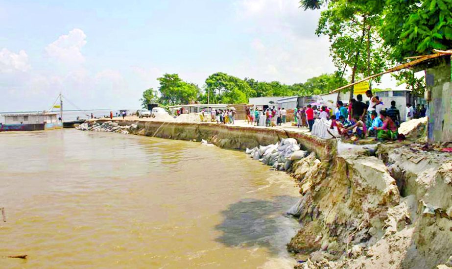 As flood water receding fast Padma River bank eroding at Daulatdia Ghat of Rajbari district which has taken a serious turn. This photo was taken from Daulatdia Ghat area on Saturday.