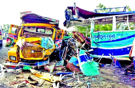 YET ANOTHER FATAL ROAD CRASH: A Dhaka-bound passenger bus collided head-on with a brick-laden truck on Dhaka-Tangail Highway at Ichail point in Mirzapur on Saturday leaving seven dead and 30 others injured.