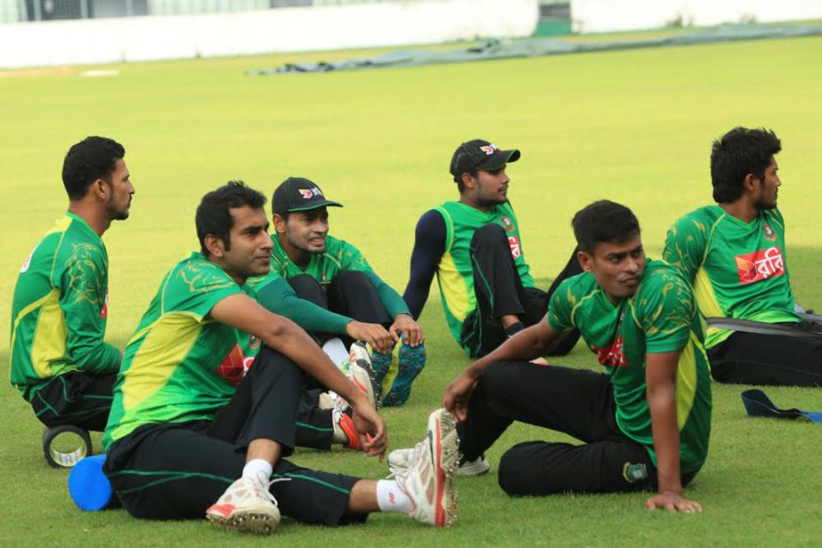 Players of Bangladesh National Cricket team taking part at their practice session at the Sher-e-Bangla National Cricket Stadium in Mirpur on Sunday.