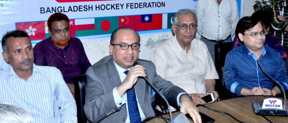 Director of BEXIMCO Group and CEO of BEXIMCO Petroleum & LNG Ajmal Kabir addressing a press conference at the conference room of Bangladesh Hockey Federation on Tuesday.