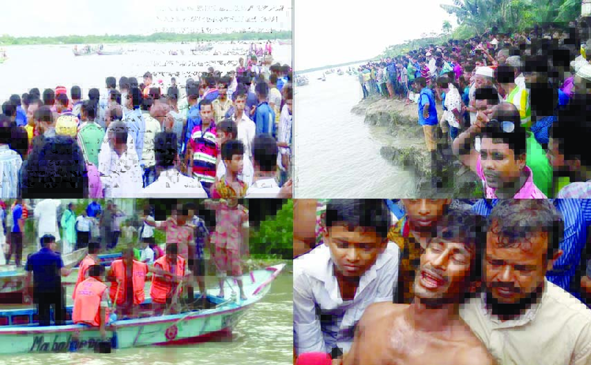 Thousands of locals rushed to the river bank (Top) and divers recovered the body and relatives (bottom) wailing as launch with 60 to 70 passengers on board capsized in Sandhya River in Barisal yesterday.