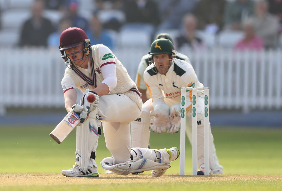 Dom Bess made 41 to secure Somerset a fourth batting point on the 2nd day of Division One in County Championship between Somerset and Nottinghamshire at Taunton on Wednesday.