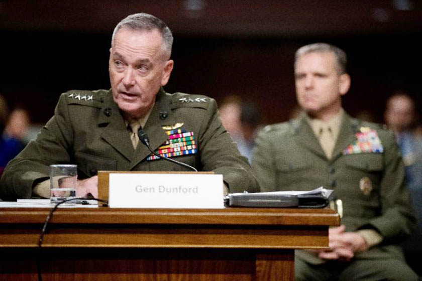 Joint Chiefs Chairman Gen. Joseph Dunford testifies on Capitol Hill in Washington on Thursday, before the Senate Armed Services Committee hearing.