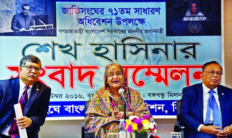 Prime Minister Sheikh Hasina speaking at a press briefing in Bangladesh Mission in New York on Thursday.