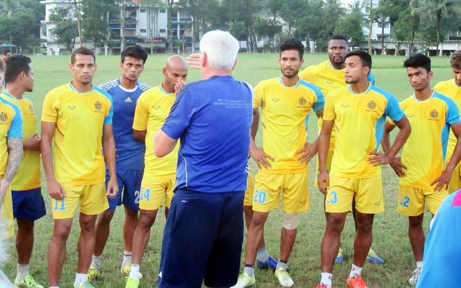 Members of Dhaka Abahani Limited during their practice session at Sylhet on Saturday.