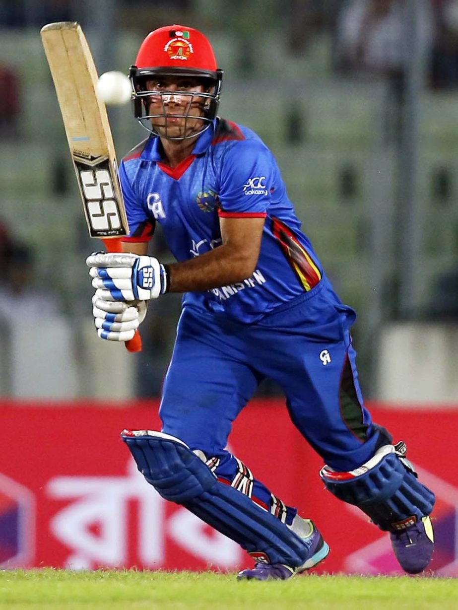 Afghanistan's Hashmatullah Shahidi plays a shot during the first One-Day International cricket match against Bangladesh at Sher-e-Bangla National Cricket Stadium in Mirpur on Sunday.