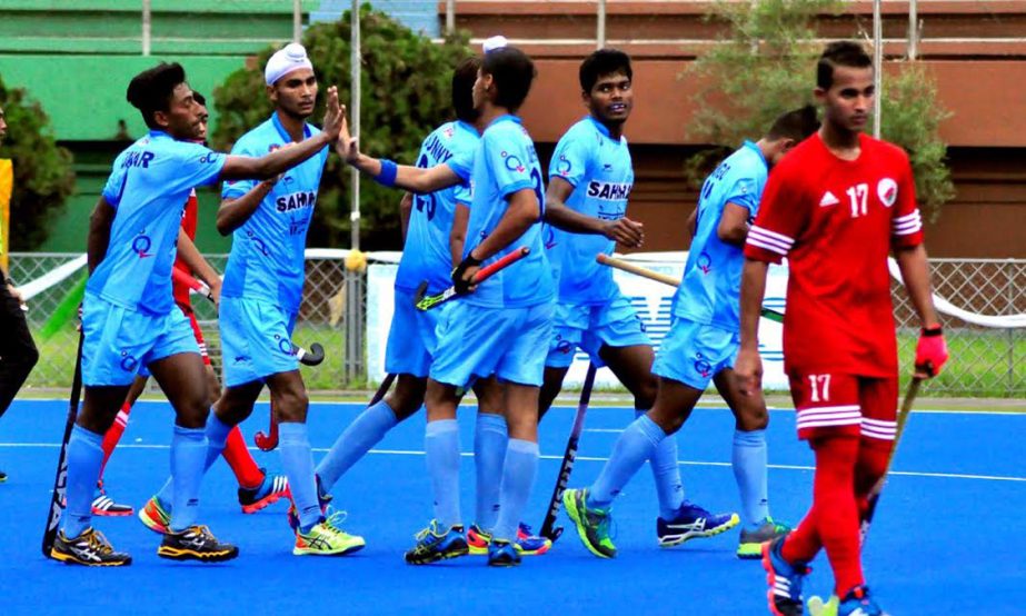 An action from the match of the Under-18 Asia Cup Hockey between India Under-18 Hockey team and Oman Under-18 Hockey team at the Moulana Bhashani National Hockey Stadium on Sunday.