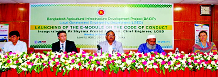 Chief Engineer of LGED, Shyama Prosad Adhikari speaking at the launching ceremony of E-module on the code of conduct for the LGED, jointly orgainsed by LGED, USAID and UNOPS at LGED Headquarters, Agargaon in the city yesterday. Additional Chief Enginee