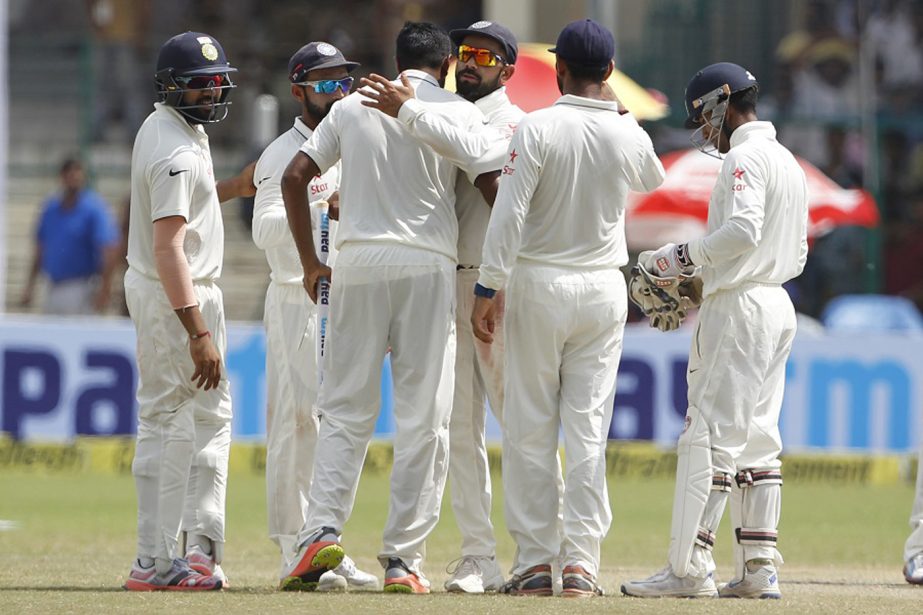 Indian team players celebrates their win against New Zealand during day 5 of their first Test match held at the Green Park Stadium on Monday.