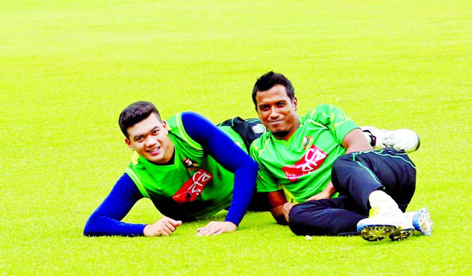 Two bowlers of Bangladesh Cricket team Taskin Ahamed and Rubel Hossain fun during their practice session at the Sher-e-Bangla National Cricket Stadium in Mirpur on Monday.